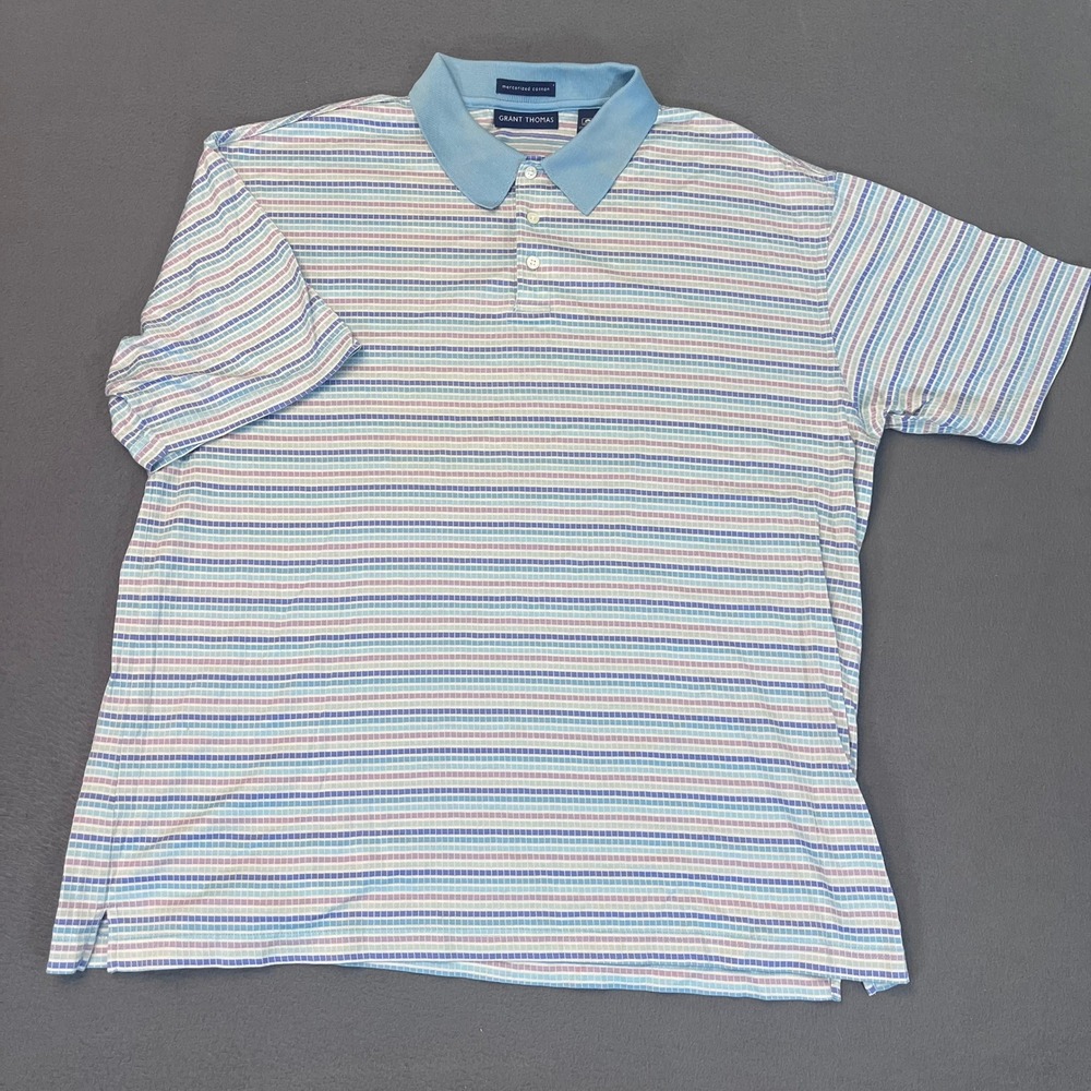 Grant Thomas Mens XL Mercerized Cotton Striped Polo Shirt Blue Multi-Color VTG